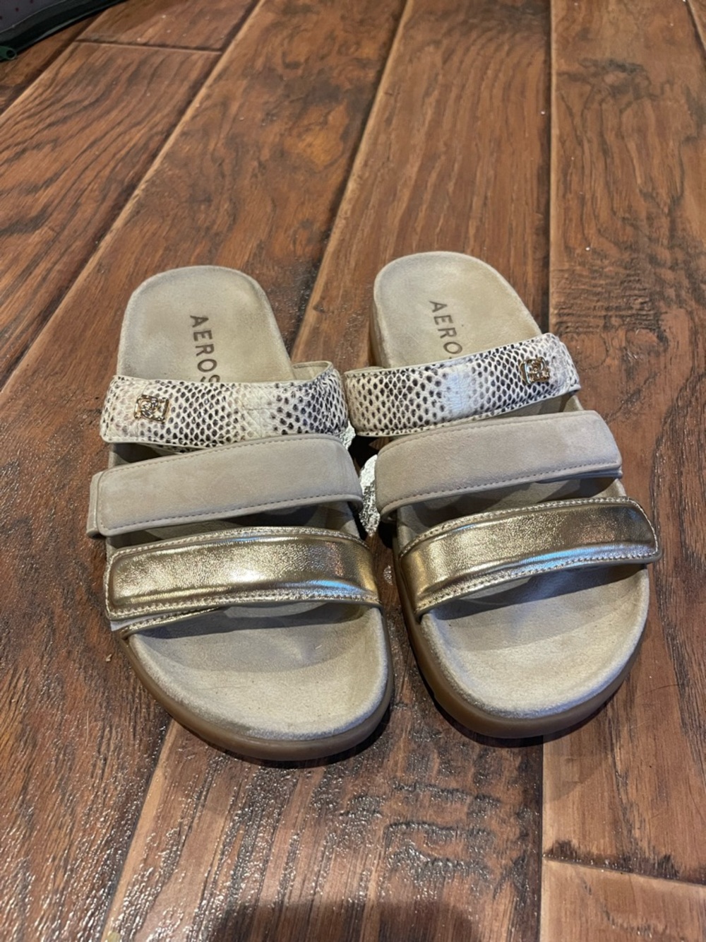 AEROSOLES Lee Metallic Gold and Taupe Triple-Strap Slide Sandals